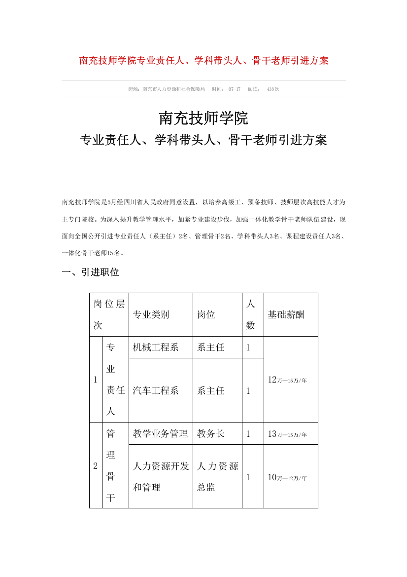 南充技师学院专业负责人学科带头人骨干教师引进专项方案