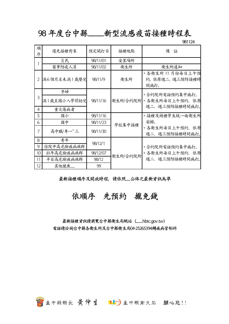 98年度台中縣H1N1新型流感疫苗接種時程表