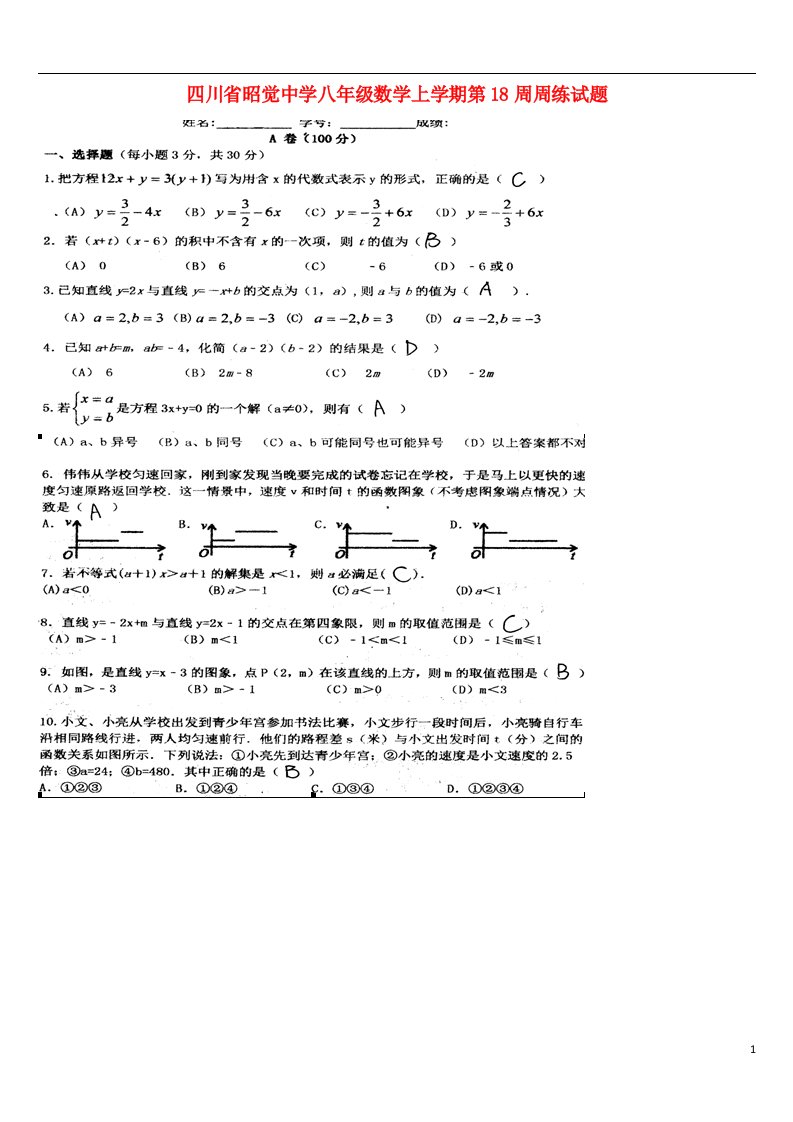 四川省昭觉中学八级数学上学期第18周周练试题（扫描版）