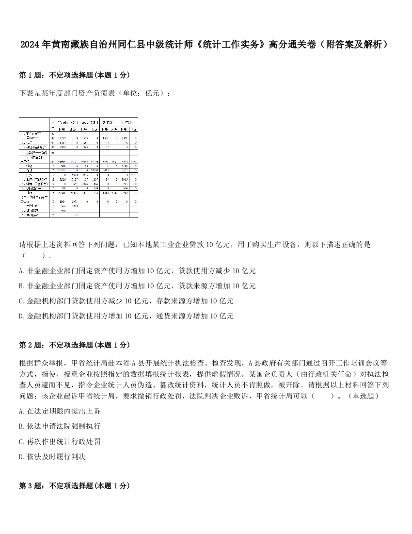 2024年黄南藏族自治州同仁县中级统计师《统计工作实务》高分通关卷（附答案及解析）