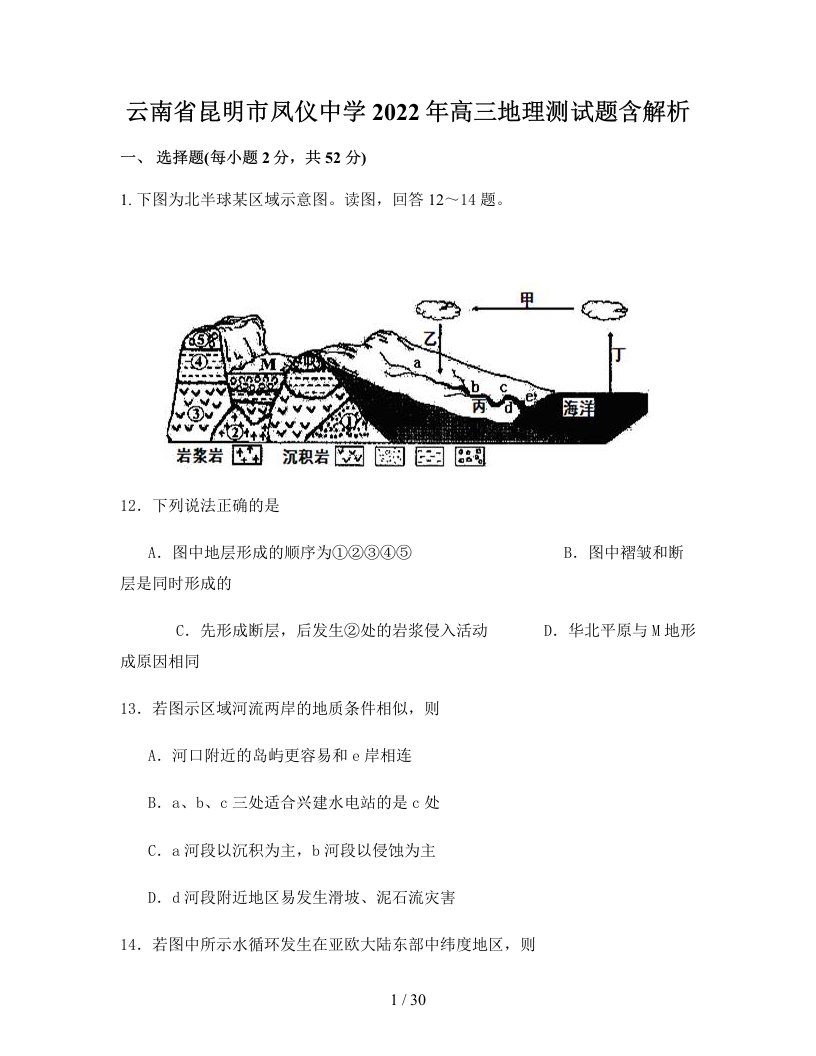 云南省昆明市凤仪中学2022年高三地理测试题含解析