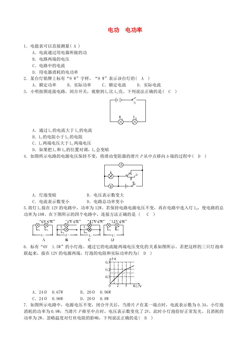 2018年中考物理电功电功率专题综合训练题