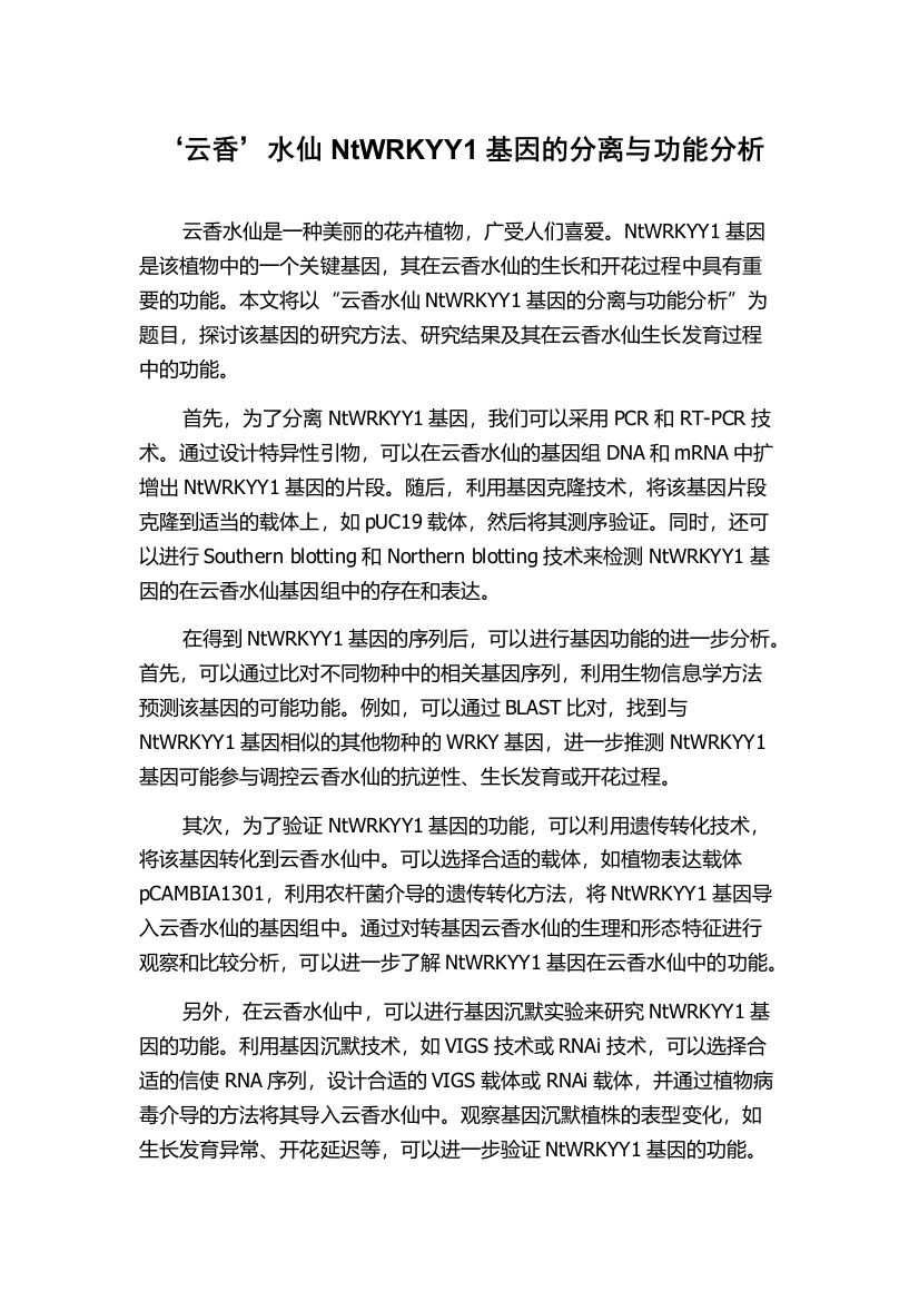 ‘云香’水仙NtWRKYY1基因的分离与功能分析