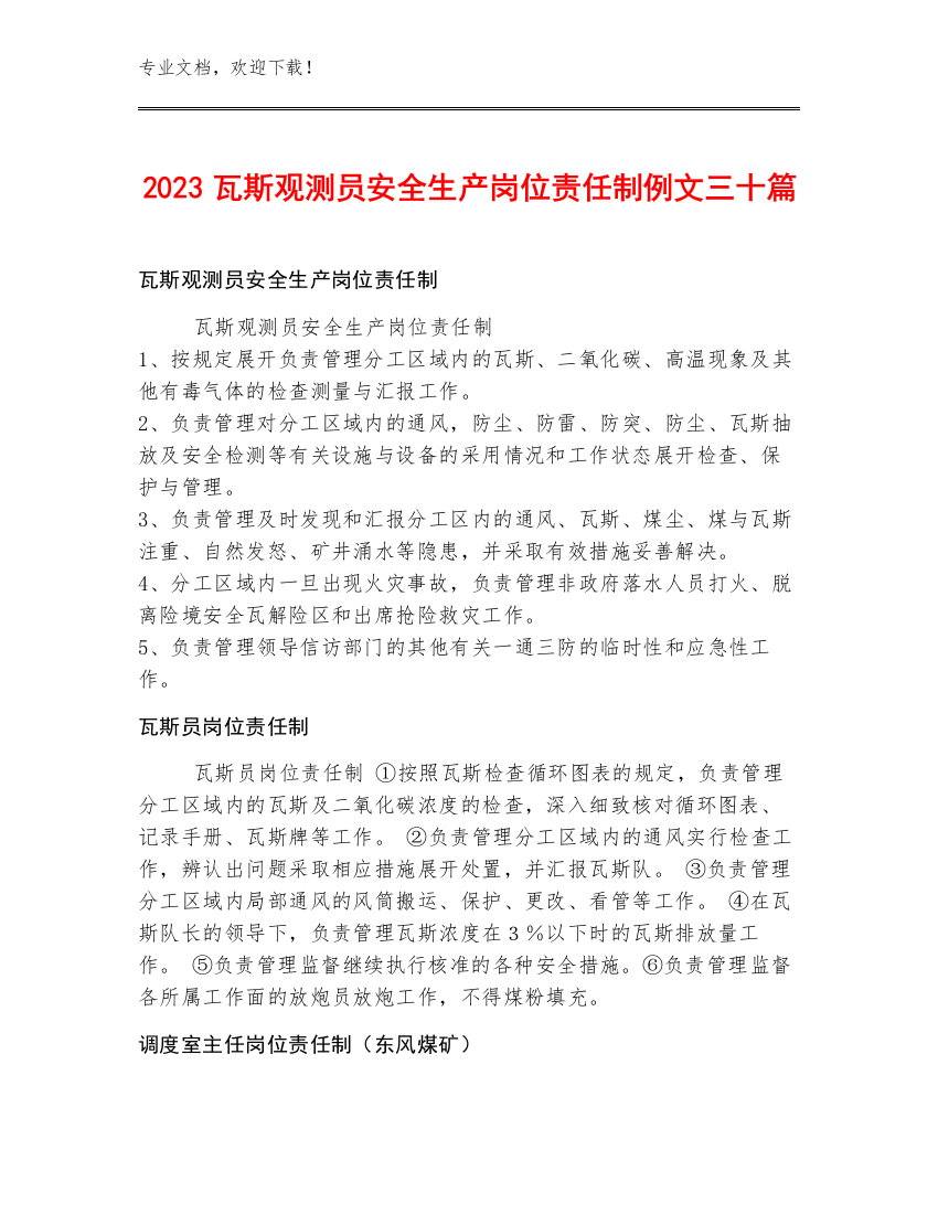 2023瓦斯观测员安全生产岗位责任制例文三十篇