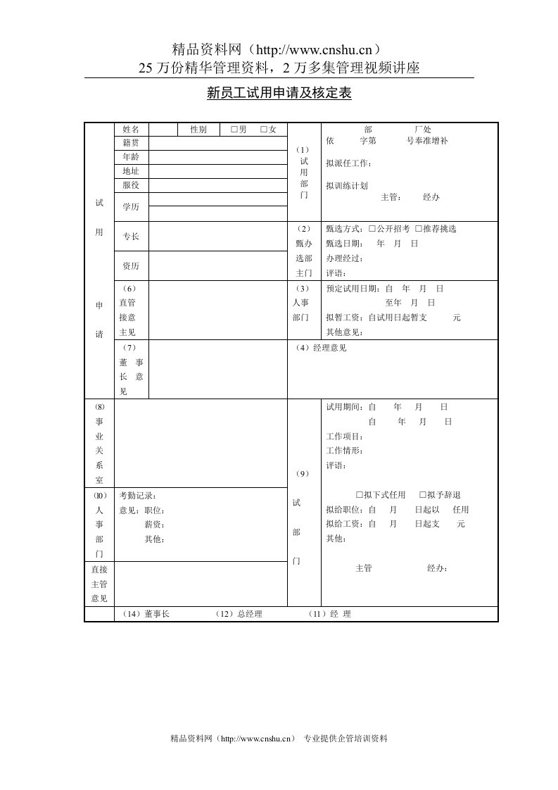 招聘与面试-新员工试用申请核定表