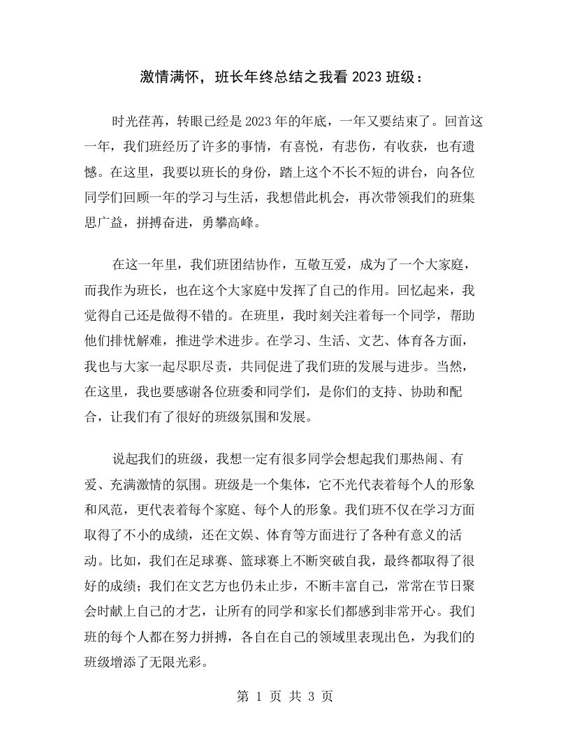 激情满怀，班长年终总结之我看2023班级