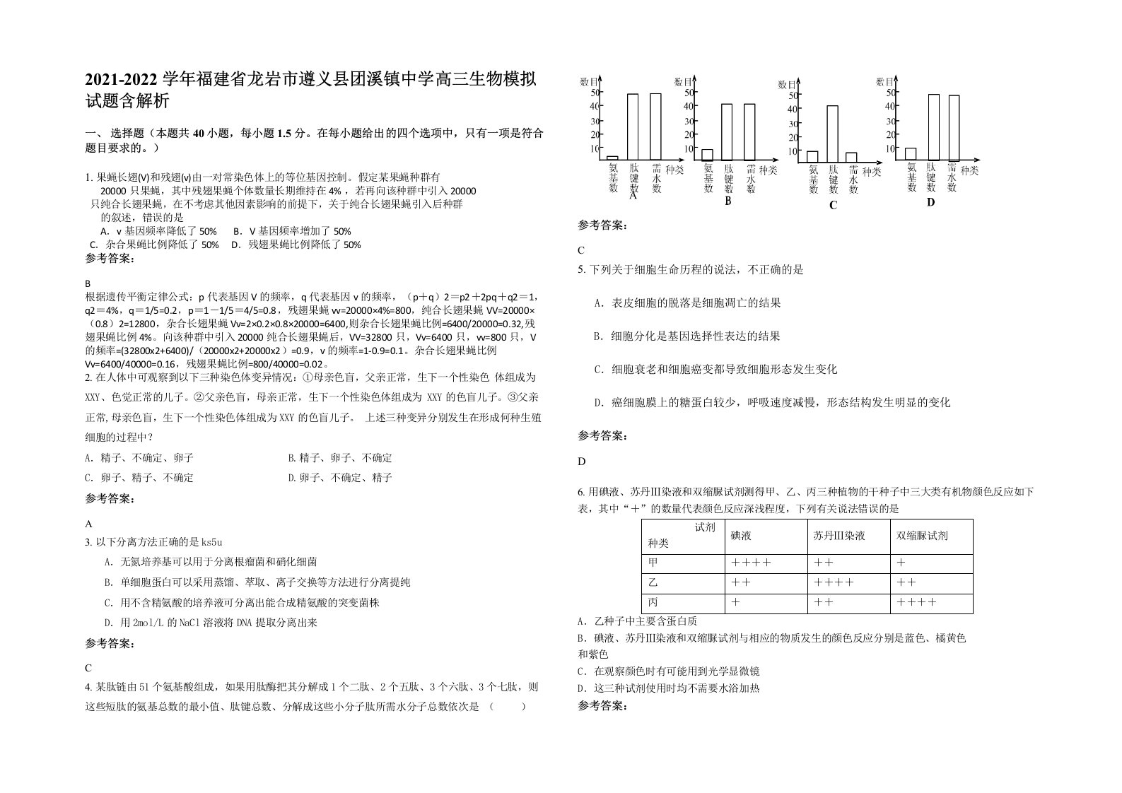 2021-2022学年福建省龙岩市遵义县团溪镇中学高三生物模拟试题含解析