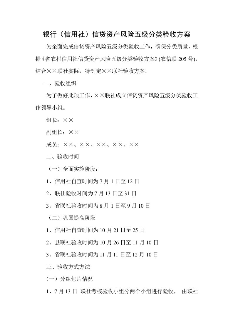 银行信用社信贷资产风险五级分类验收方案