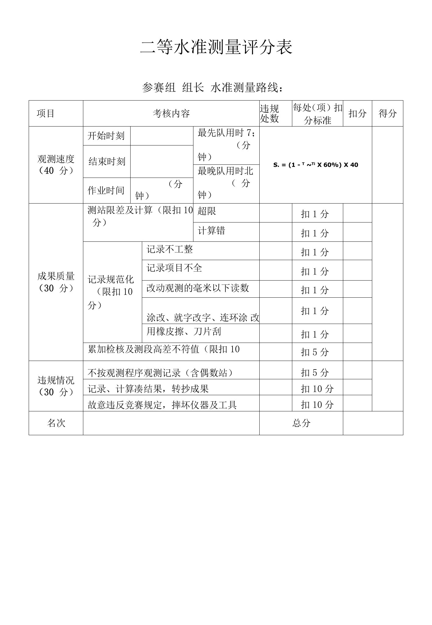 二等水准测量评分表