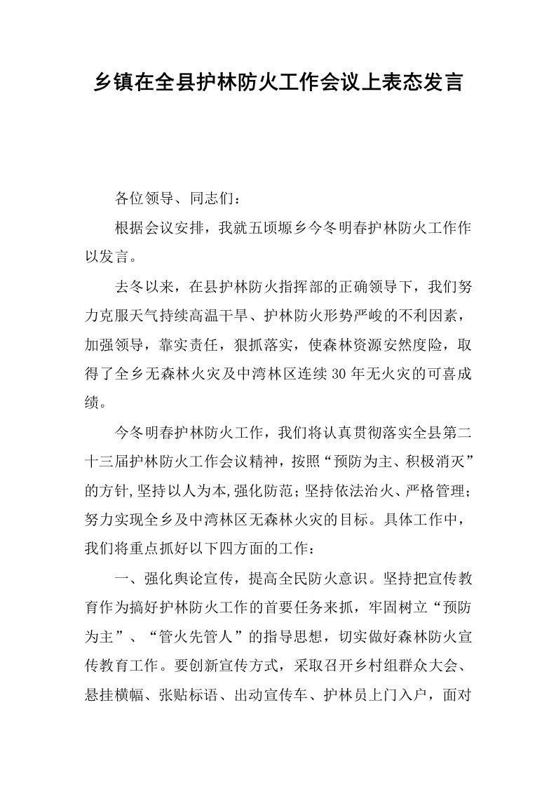 乡镇在全县护林防火工作会议上表态发言