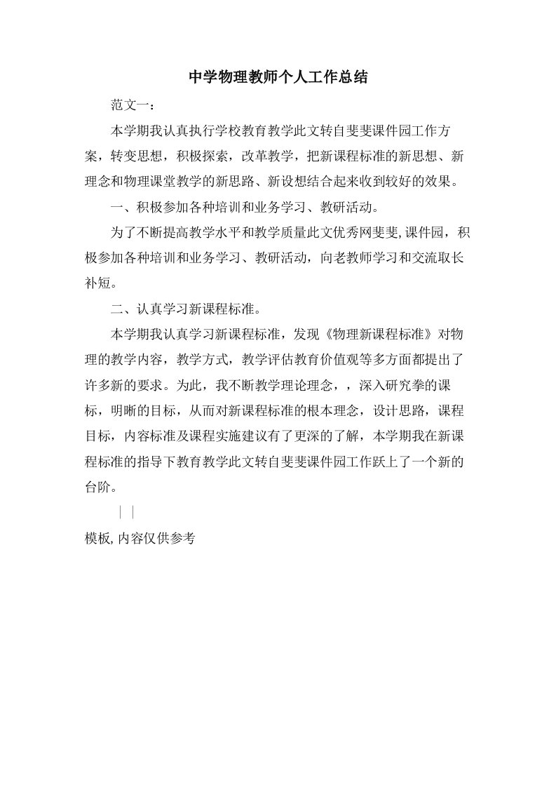 中学物理教师个人工作总结