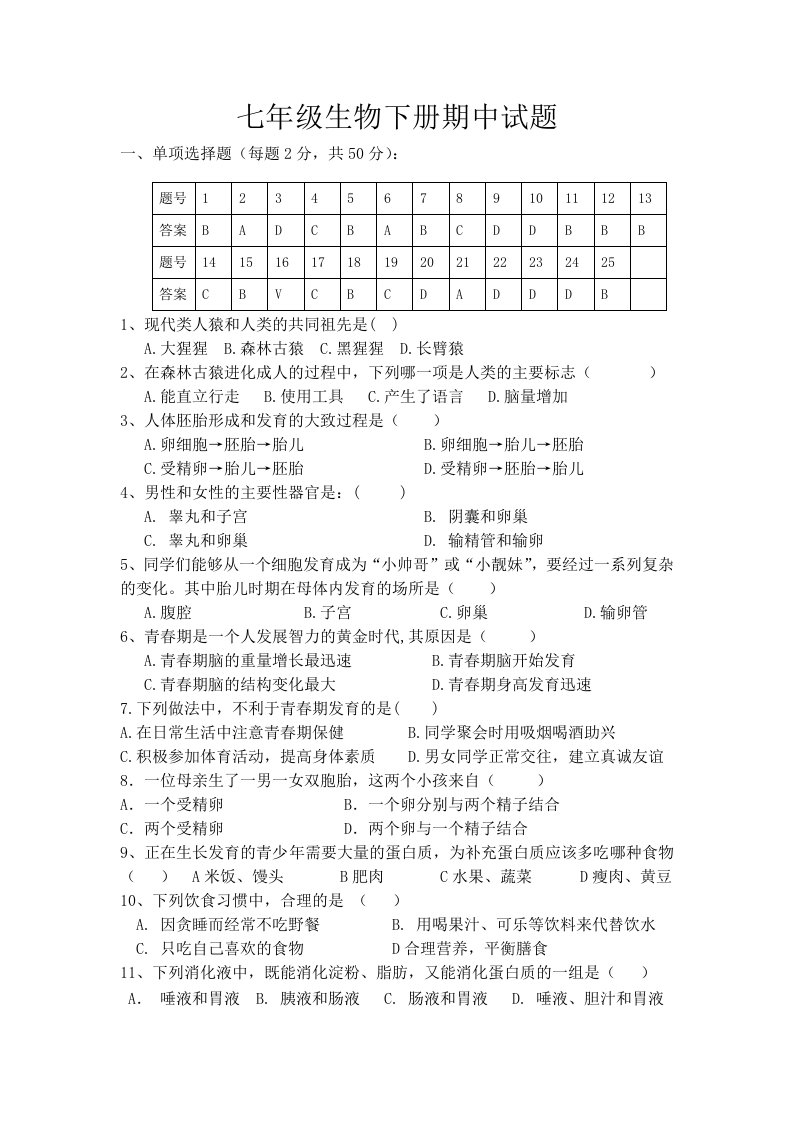 2015春人教版七年级生物下册月测考试试题