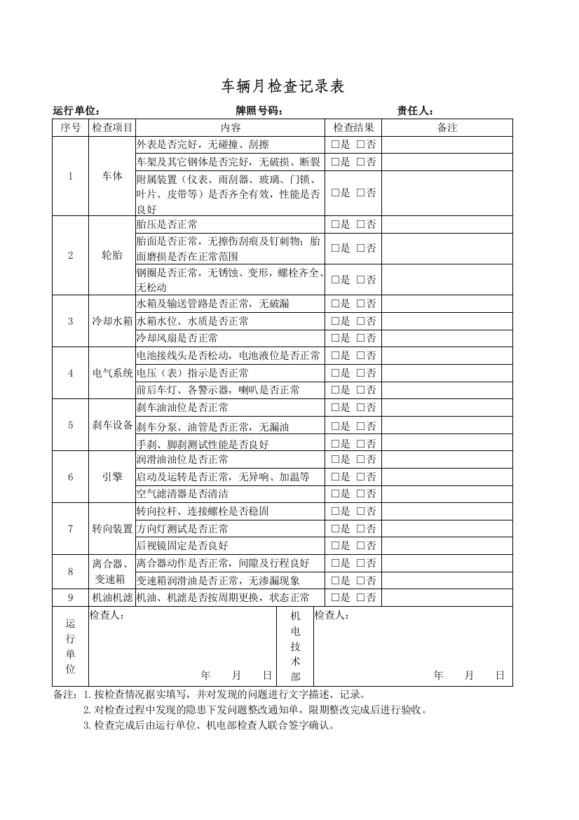 车辆检查记录表月检