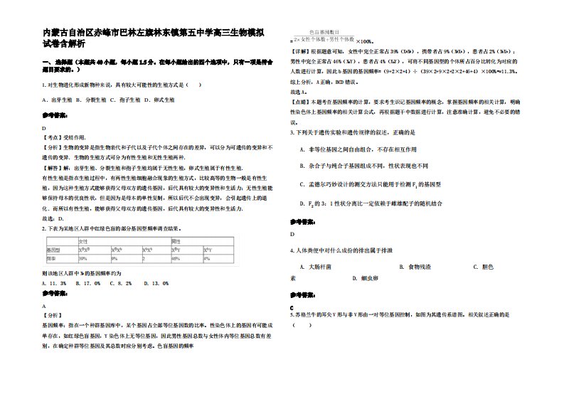 内蒙古自治区赤峰市巴林左旗林东镇第五中学高三生物模拟试卷含解析