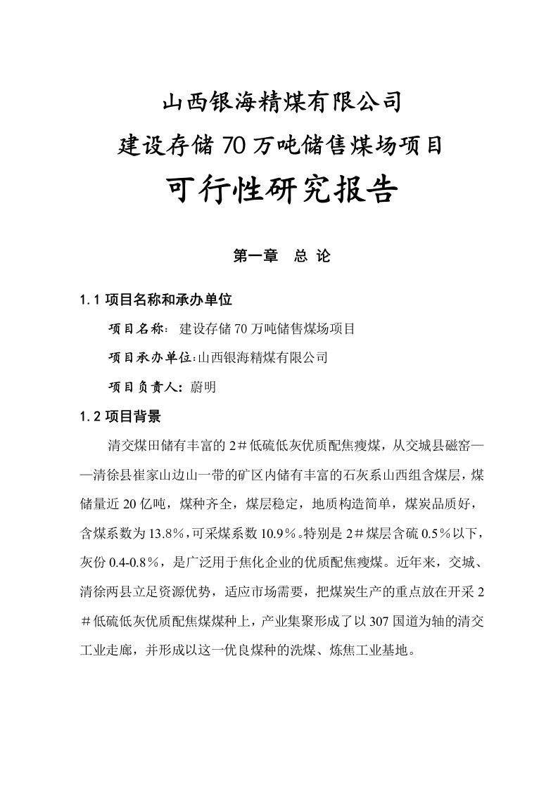 山西银海精煤有限公司建设存储70万吨储售煤场项目可行性研究报告