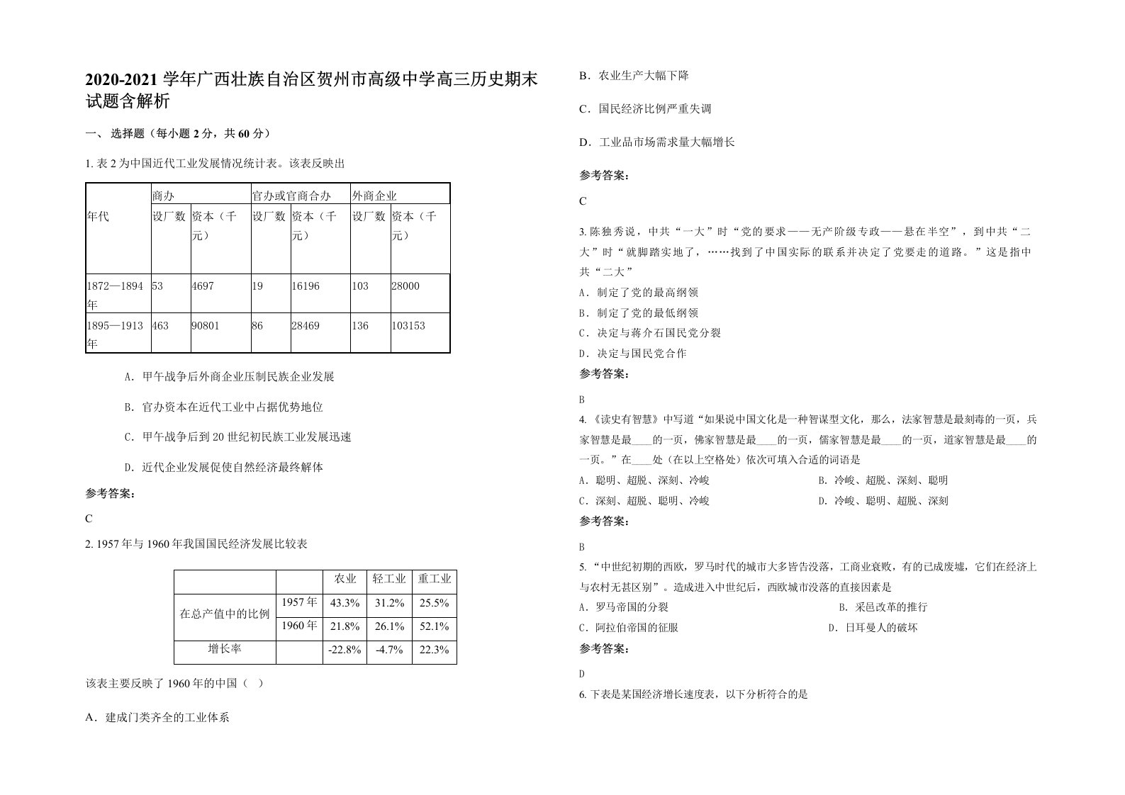 2020-2021学年广西壮族自治区贺州市高级中学高三历史期末试题含解析