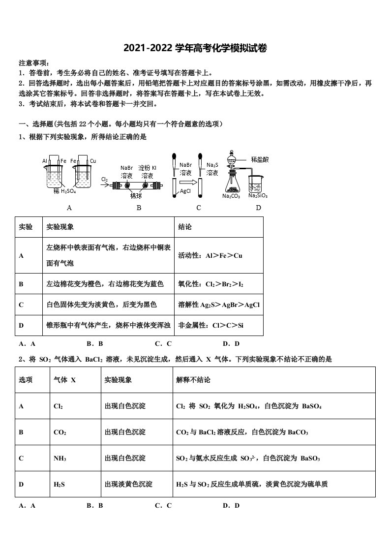 北京市昌平区市级名校2021-2022学年高三第一次模拟考试化学试卷含解析