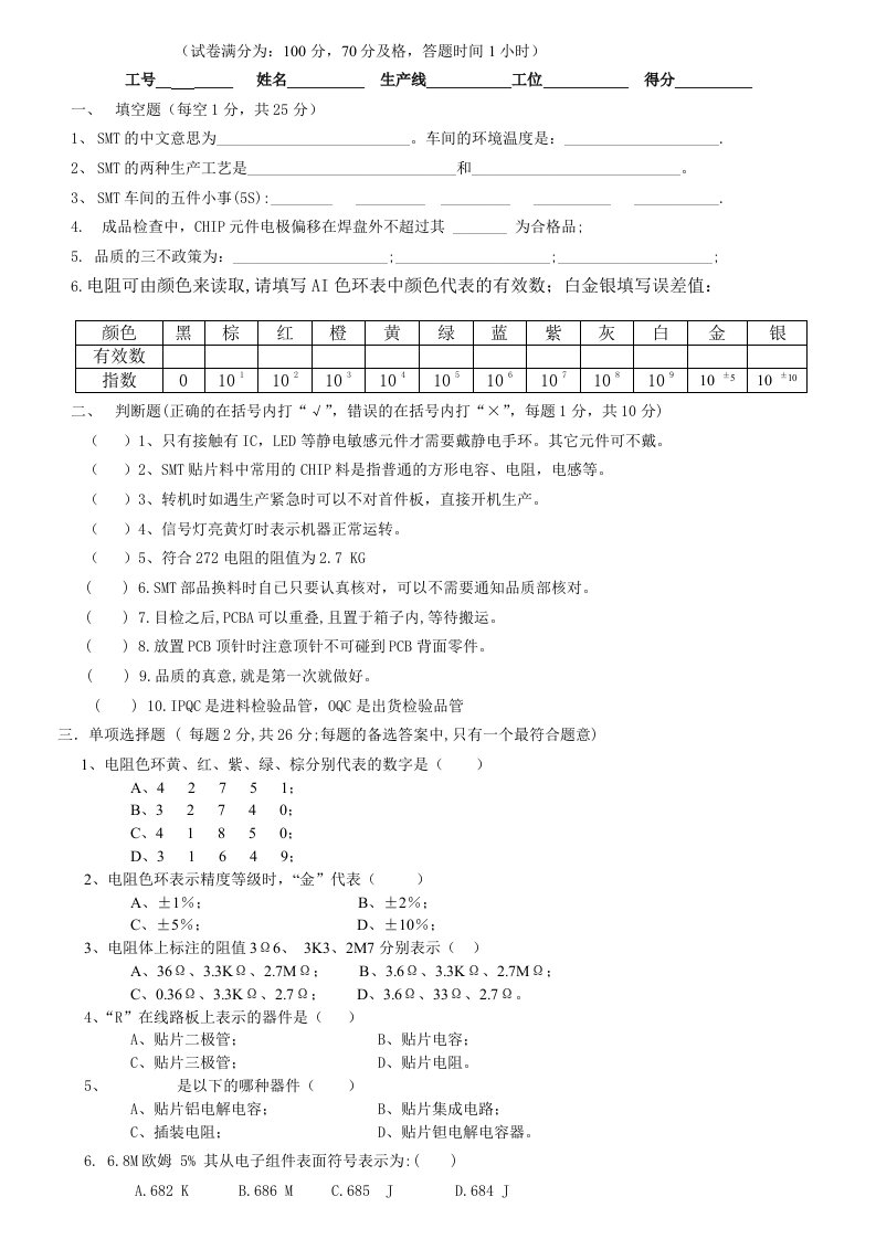 SMT试题(外观检查考核)