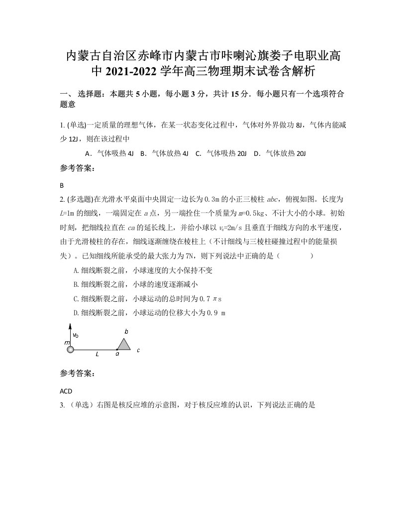 内蒙古自治区赤峰市内蒙古市咔喇沁旗娄子电职业高中2021-2022学年高三物理期末试卷含解析