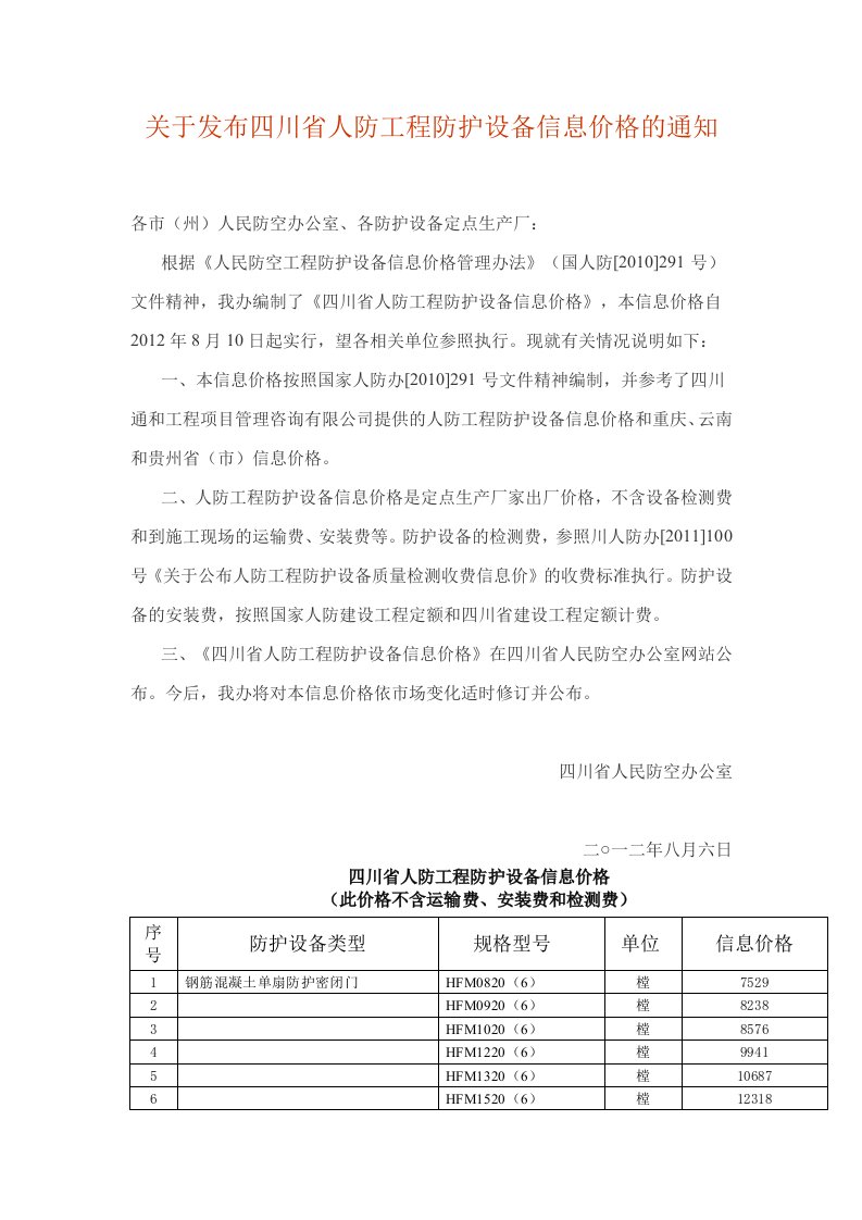 关于发布四川省人防工程防护设备信息价格通知(2012年8月6日)