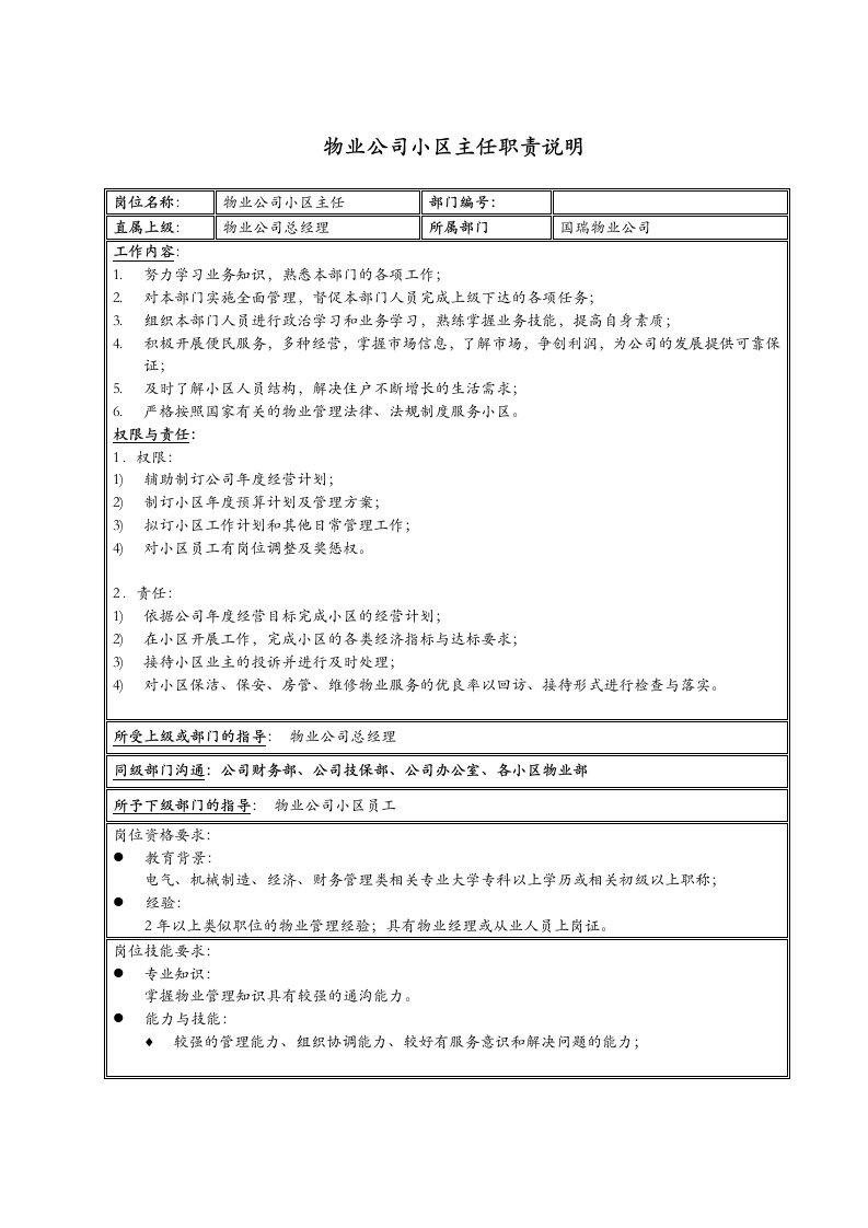 物业管理-物业公司小区主任职责说明书