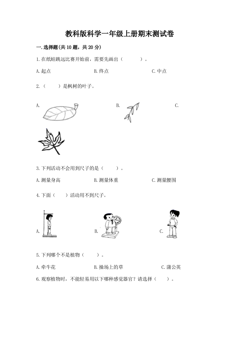 教科版科学一年级上册期末测试卷及完整答案（典优）