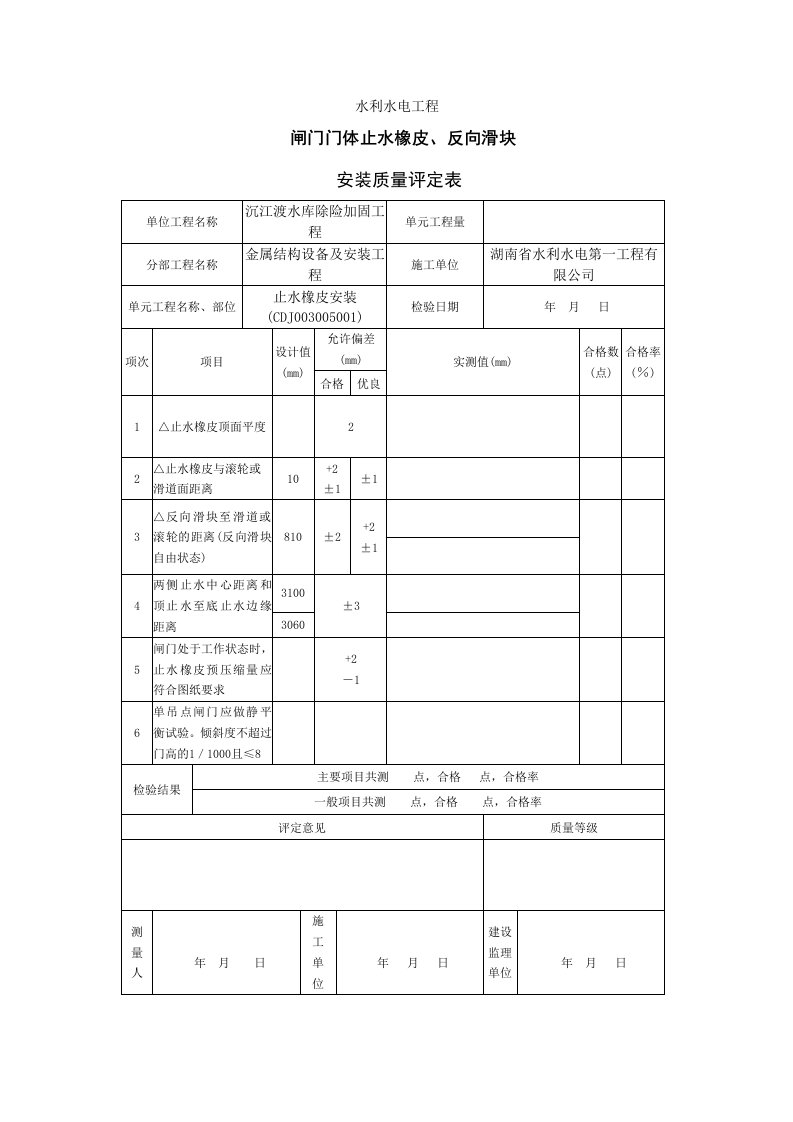 附属工程金属结设备及安装质量评定表