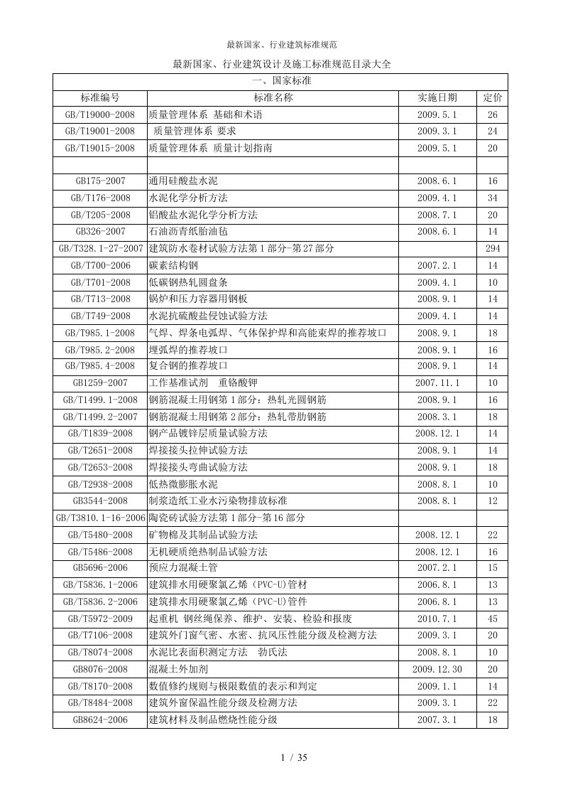 最新国家行业建筑设计及施工标准规范目录大全