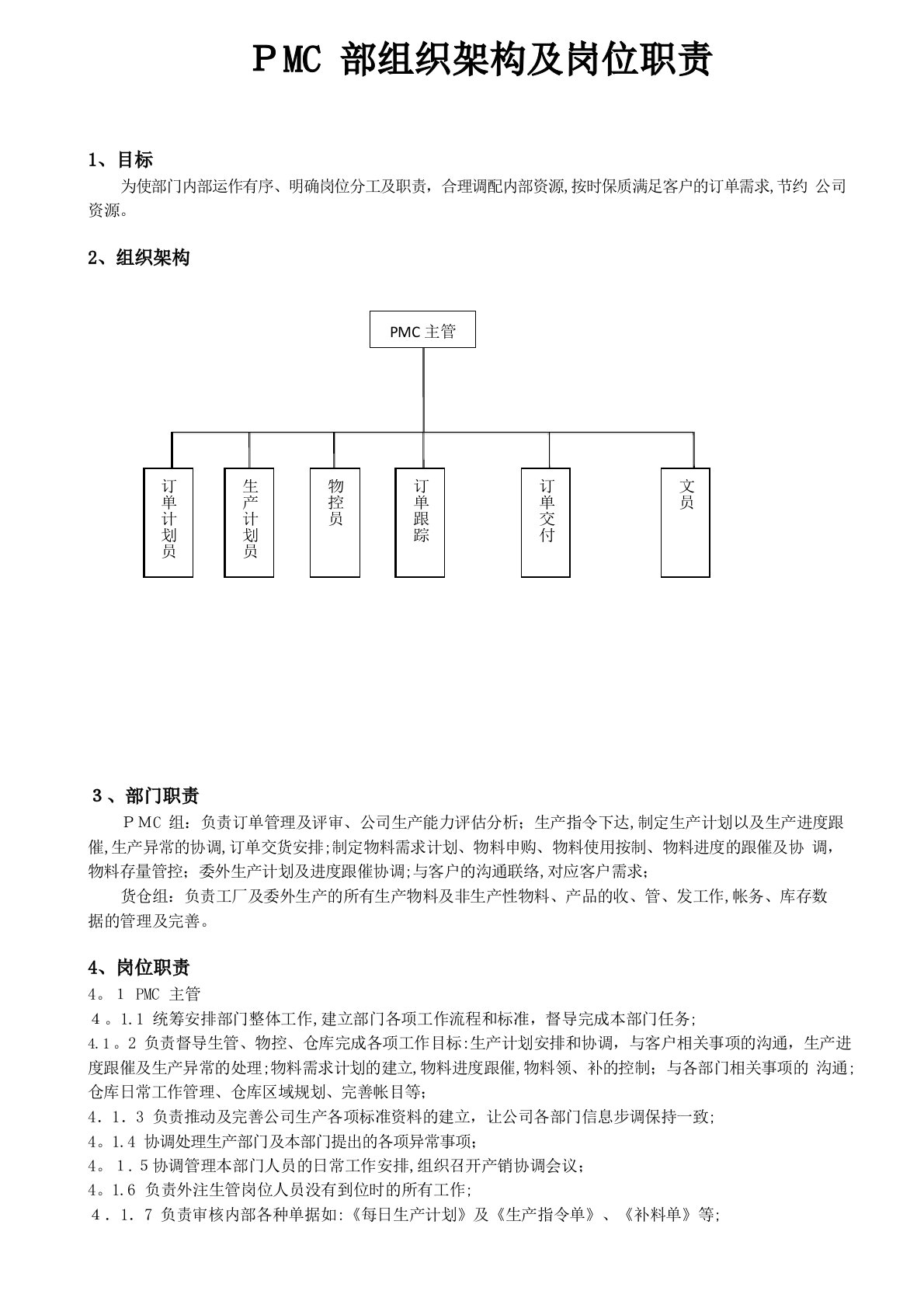 PMC部组织架构及岗位职责