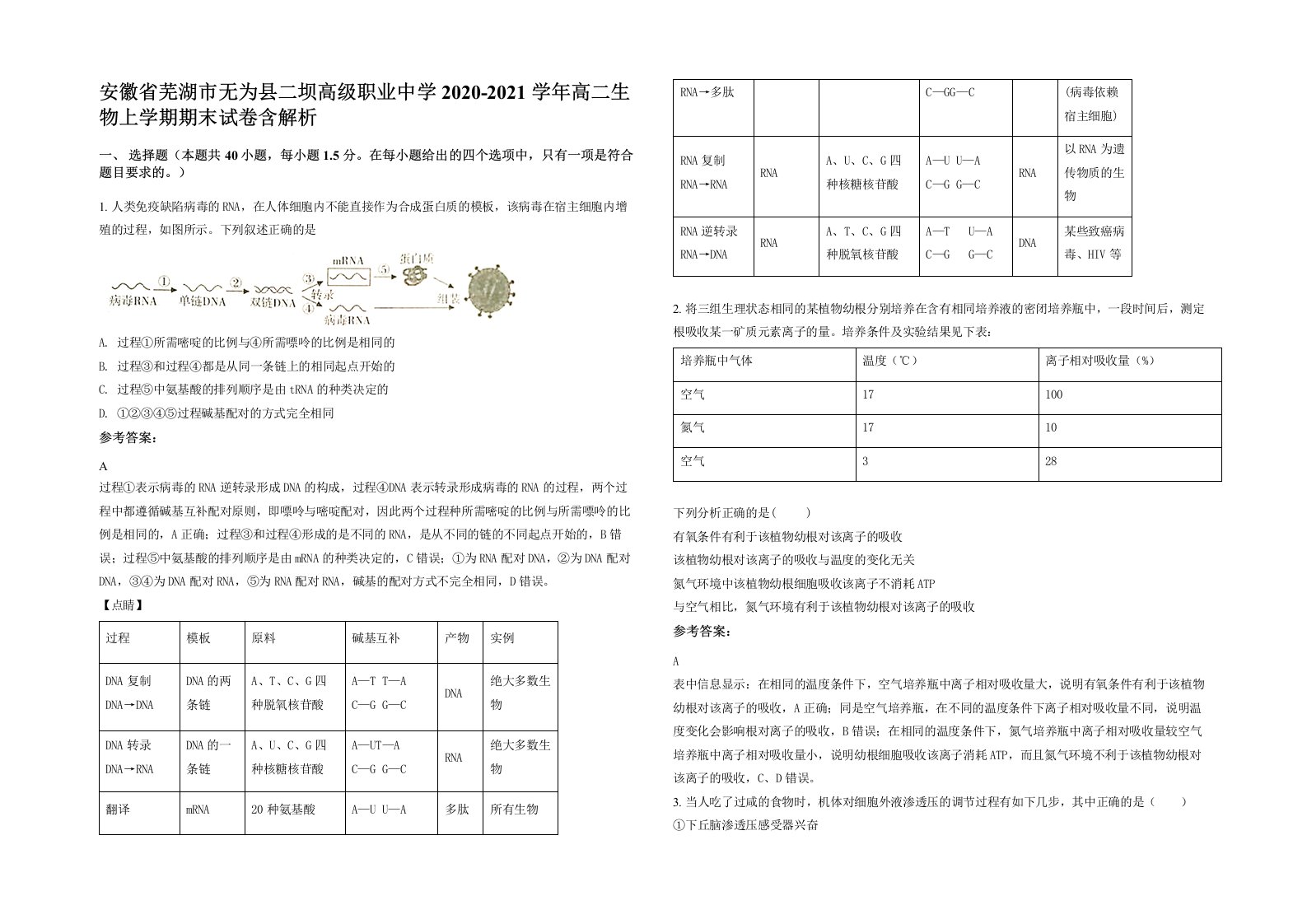 安徽省芜湖市无为县二坝高级职业中学2020-2021学年高二生物上学期期末试卷含解析