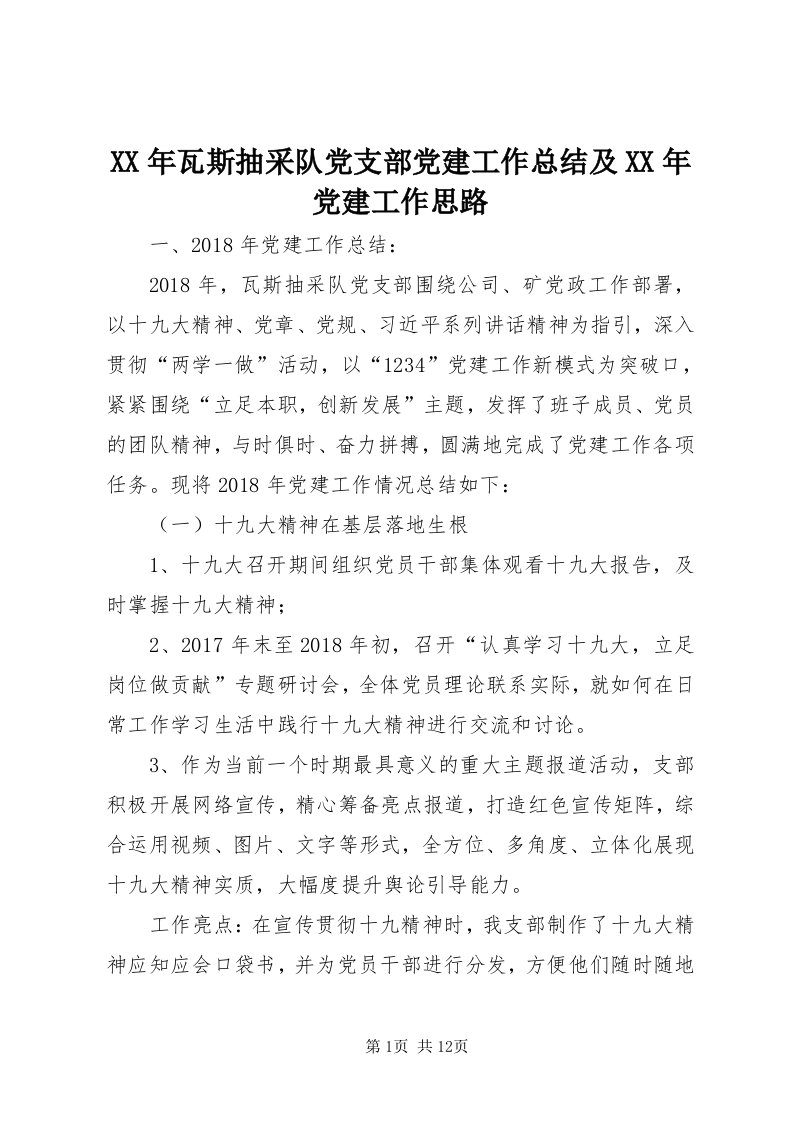 4某年瓦斯抽采队党支部党建工作总结及某年党建工作思路