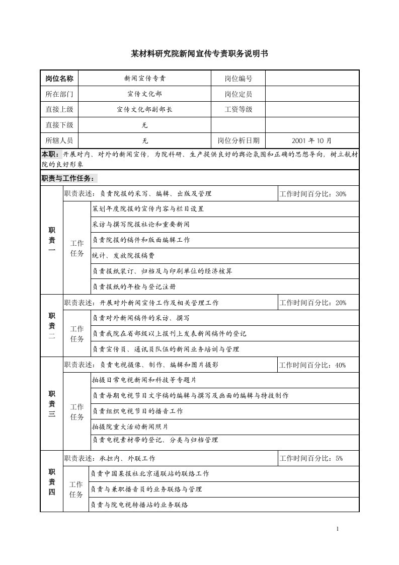 材料研究院新闻宣传专责职务说明书