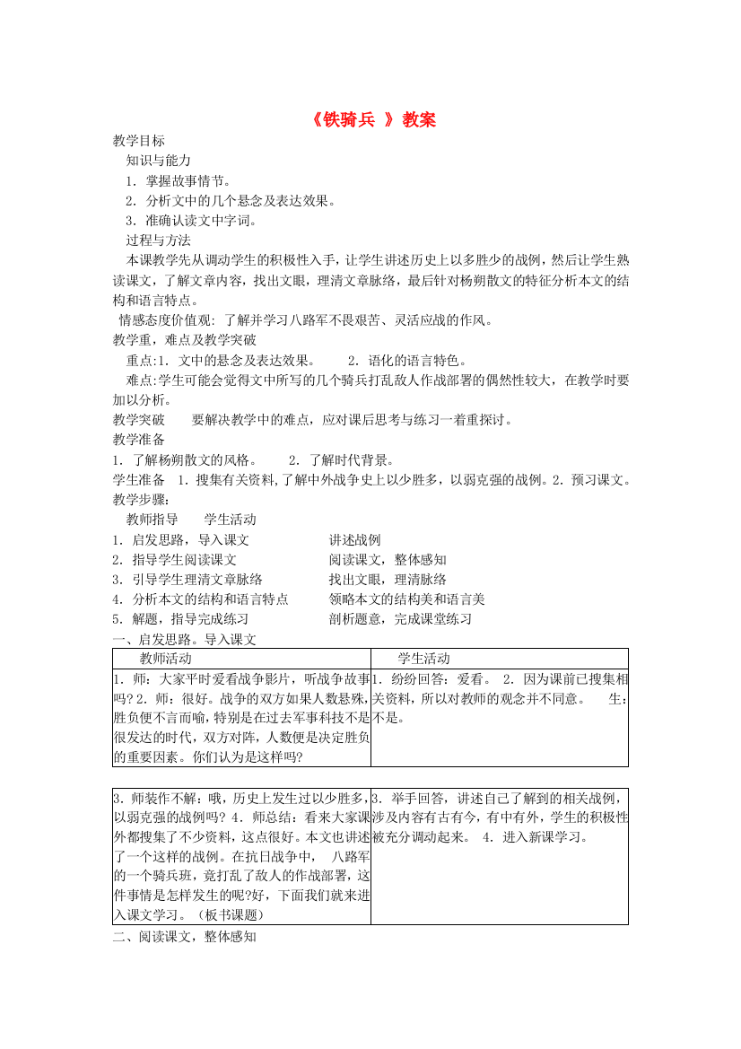 公开课教案教学设计课件语文版初中语文八下《铁骑兵》-()