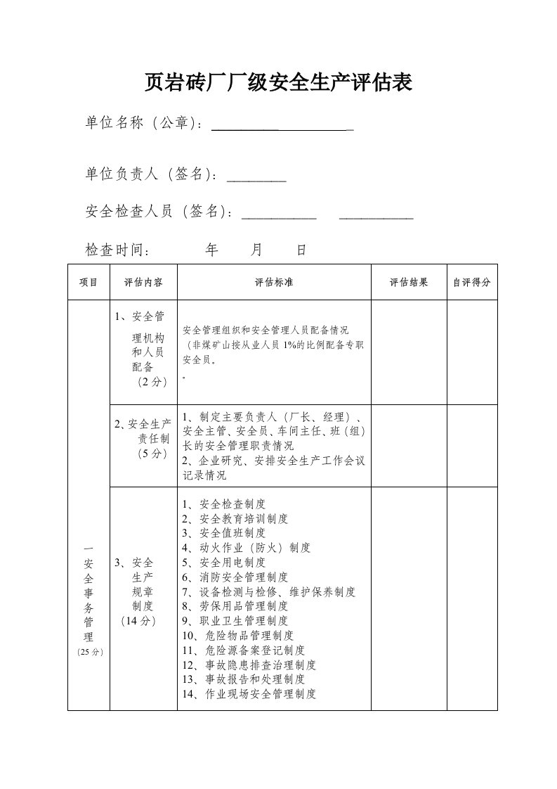 页岩砖厂厂级安全生产评估表