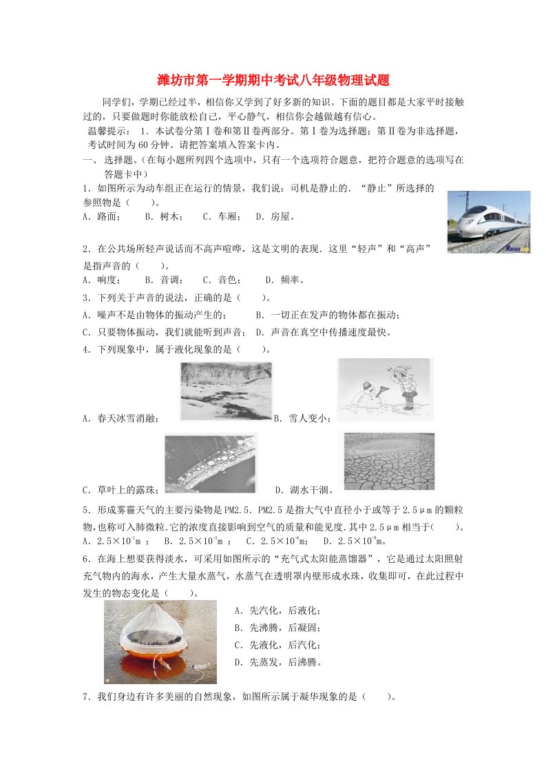 山东省潍坊市八级物理上学期期中试题