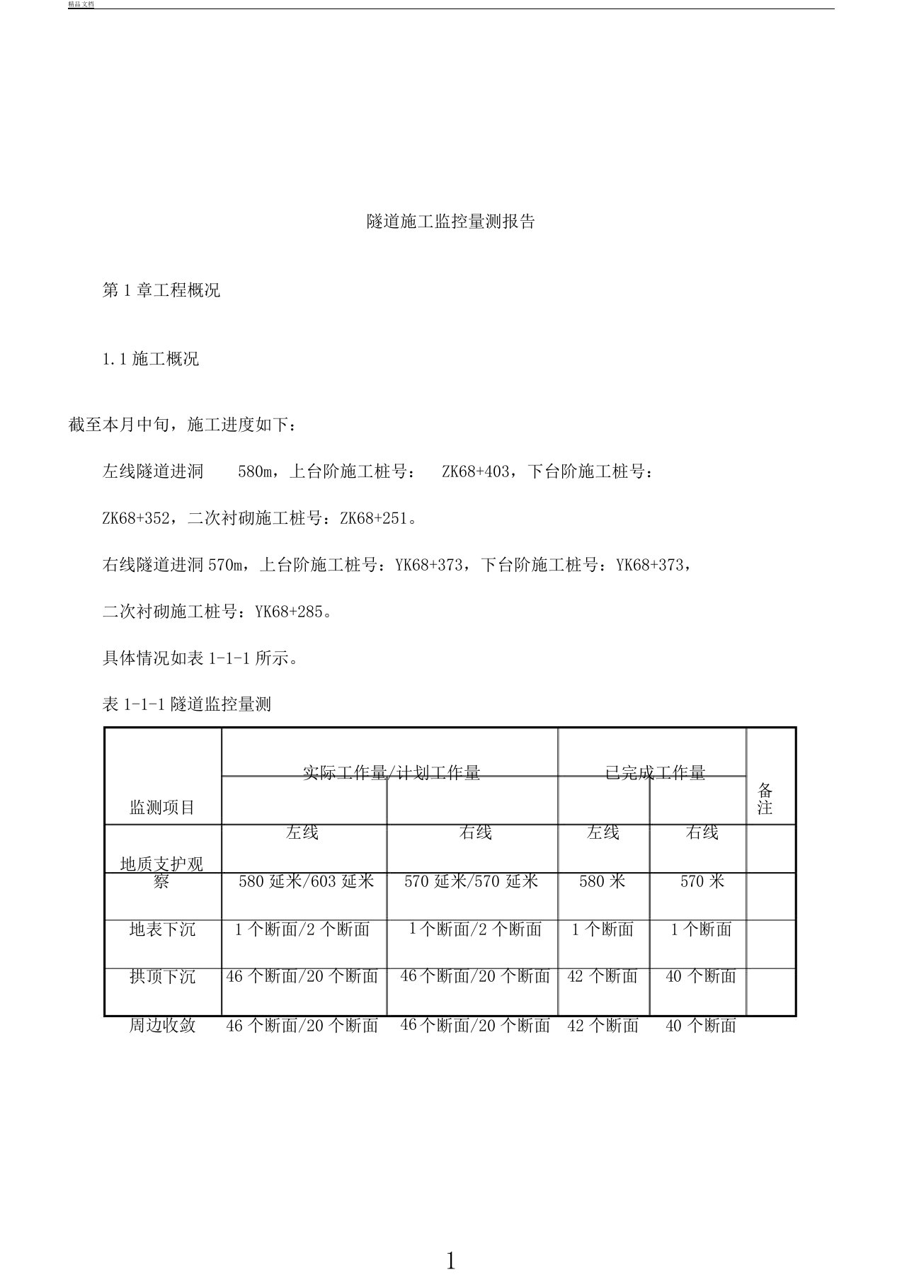 隧道监控量测监测报告计划