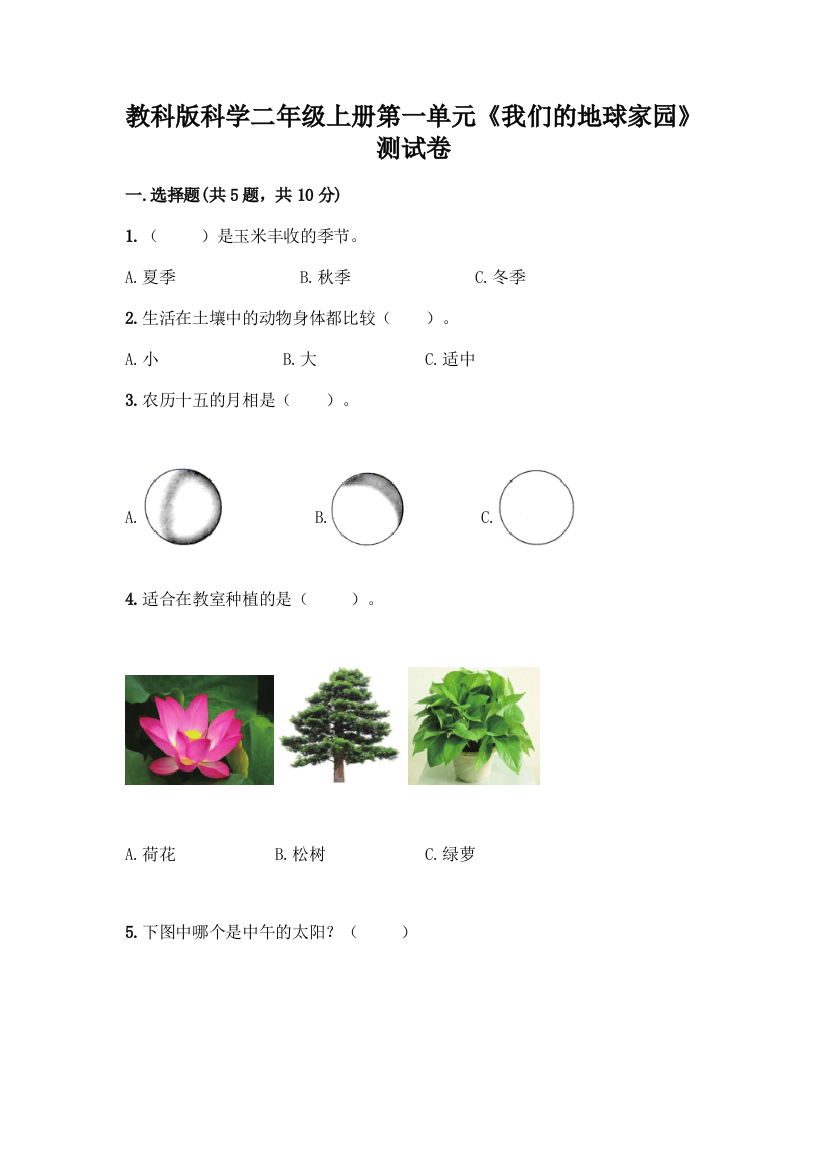 教科版科学二年级上册第一单元《我们的地球家园》测试卷-精品(考点梳理)