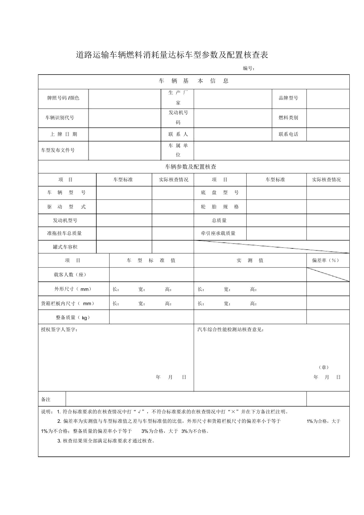 道路运输车辆燃料消耗量达标车型参数及配置核查表