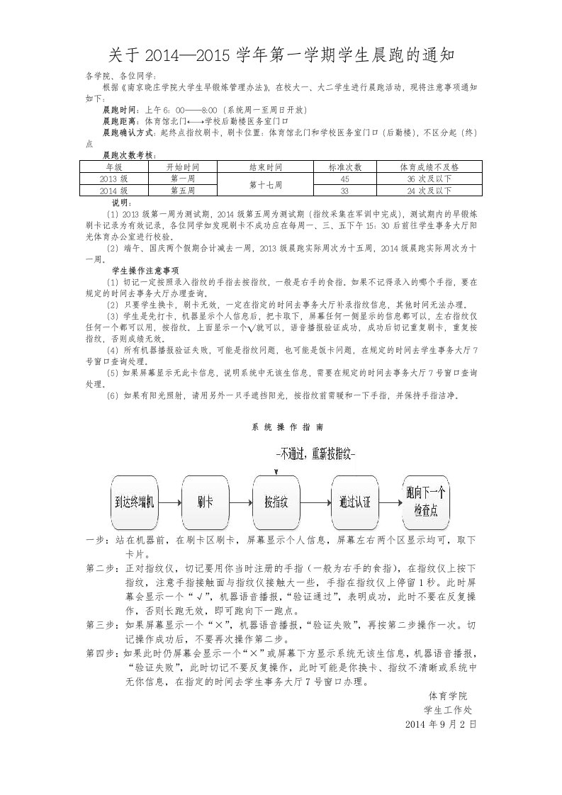 关于2014—2015学年第一学期学生晨跑的通知