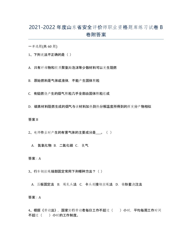 2021-2022年度山东省安全评价师职业资格题库练习试卷B卷附答案