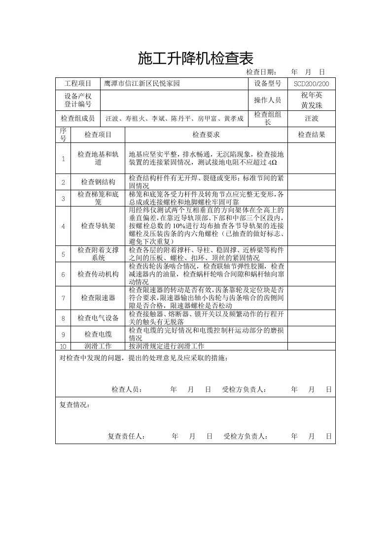 施工升降机检查表