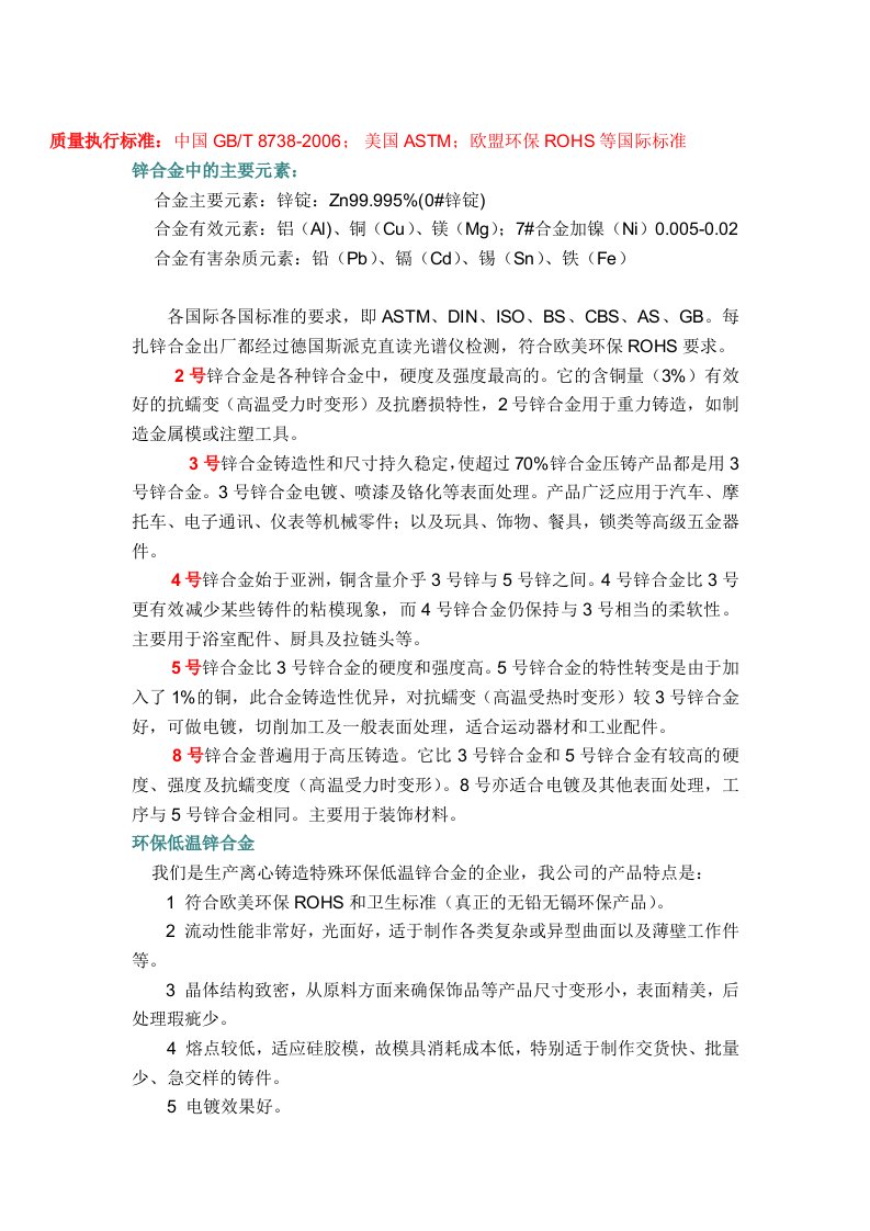 锌合金质量执行标准