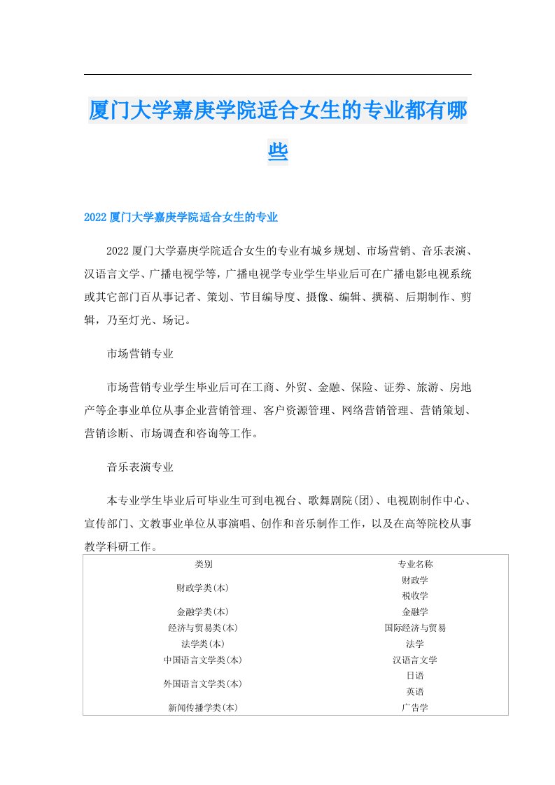 厦门大学嘉庚学院适合女生的专业都有哪些