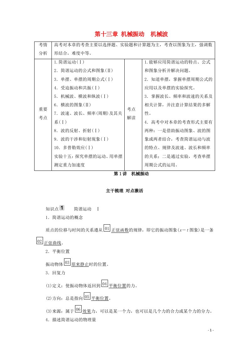 2021高考物理一轮复习第13章机械振动机械波第1讲机械振动学案