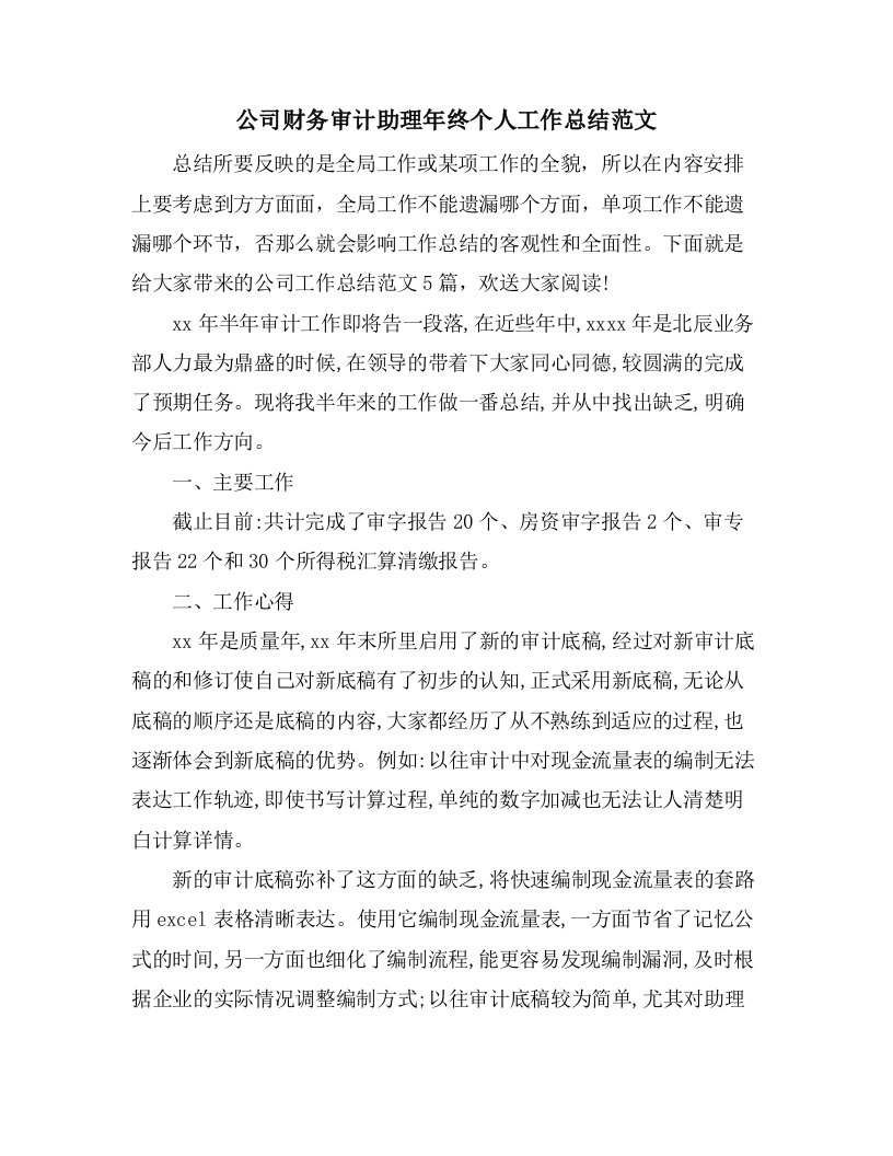 公司财务审计助理年终个人工作总结范文