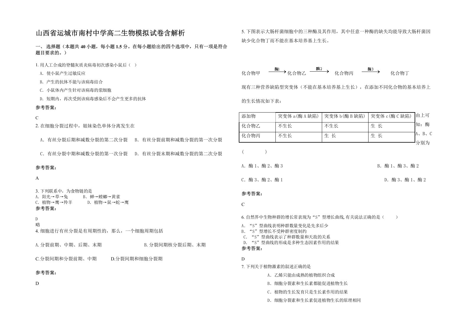 山西省运城市南村中学高二生物模拟试卷含解析