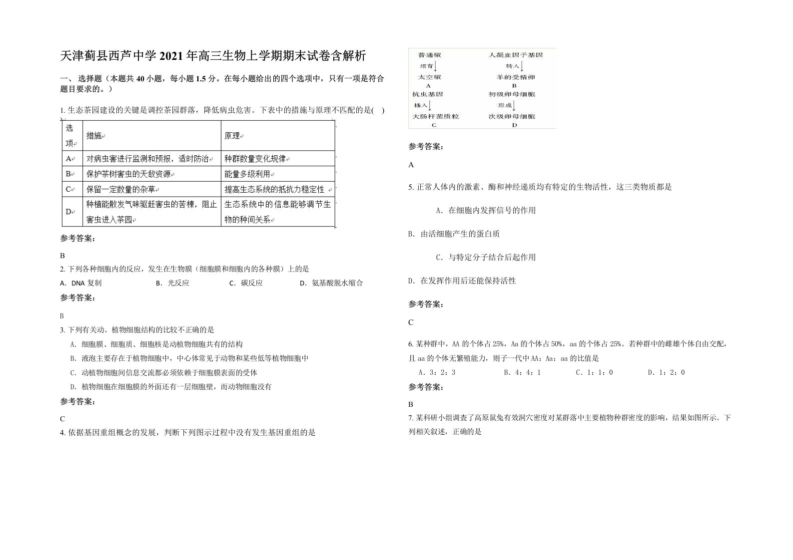 天津蓟县西芦中学2021年高三生物上学期期末试卷含解析