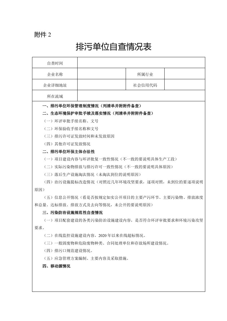 排污单位自查情况表