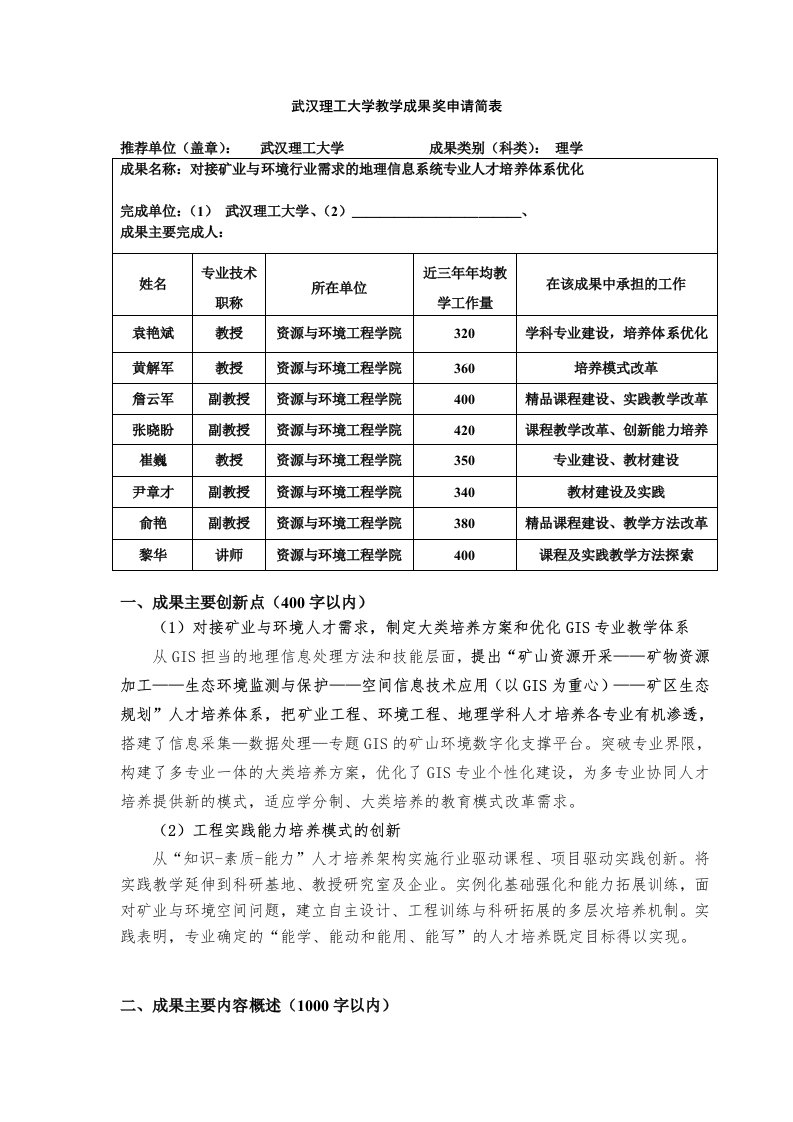 武汉理工大学教学成果奖申请简表