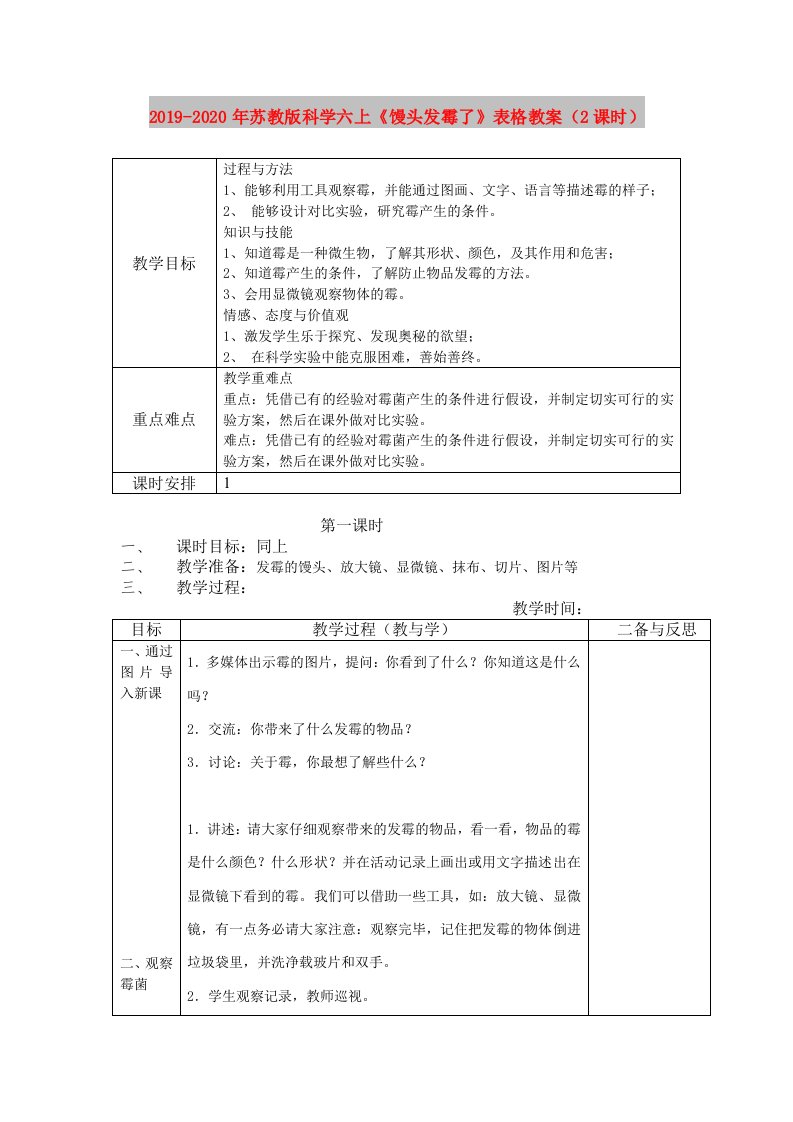 2019-2020年苏教版科学六上《馒头发霉了》表格教案（2课时）